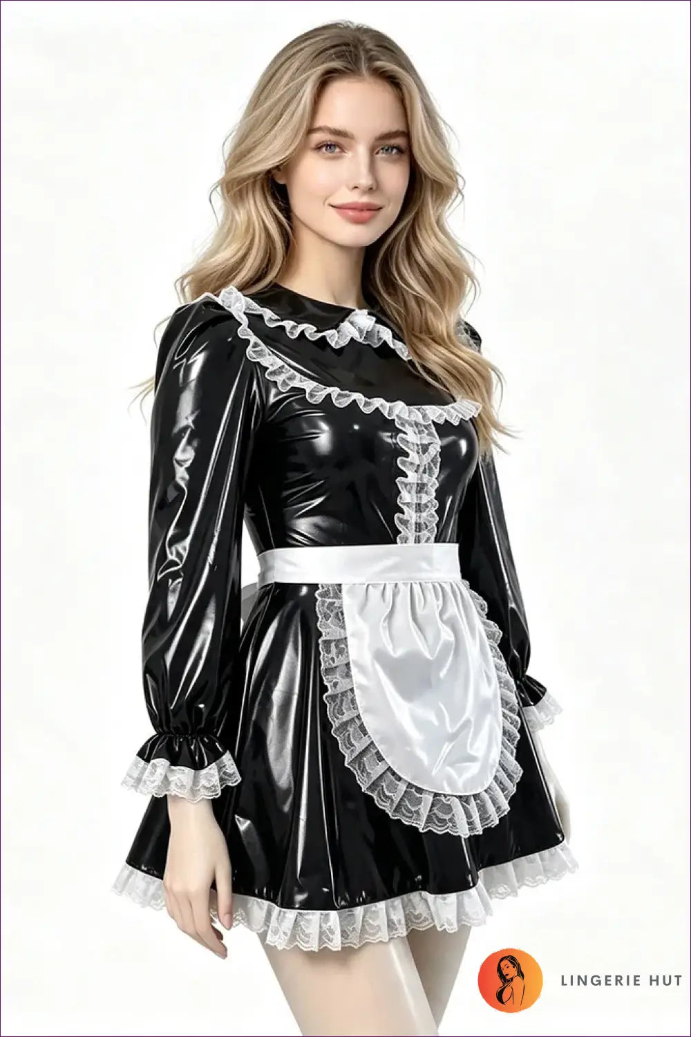 Shiny Pvc French Maid Costume with Lace Ruffle Hem Set - Halloween • just in • Lingerie Hut