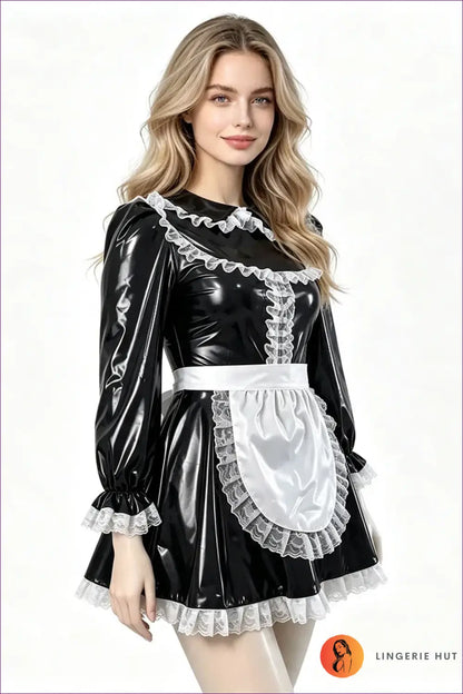 Shiny Pvc French Maid Costume with Lace Ruffle Hem Set - Halloween • just in • Lingerie Hut
