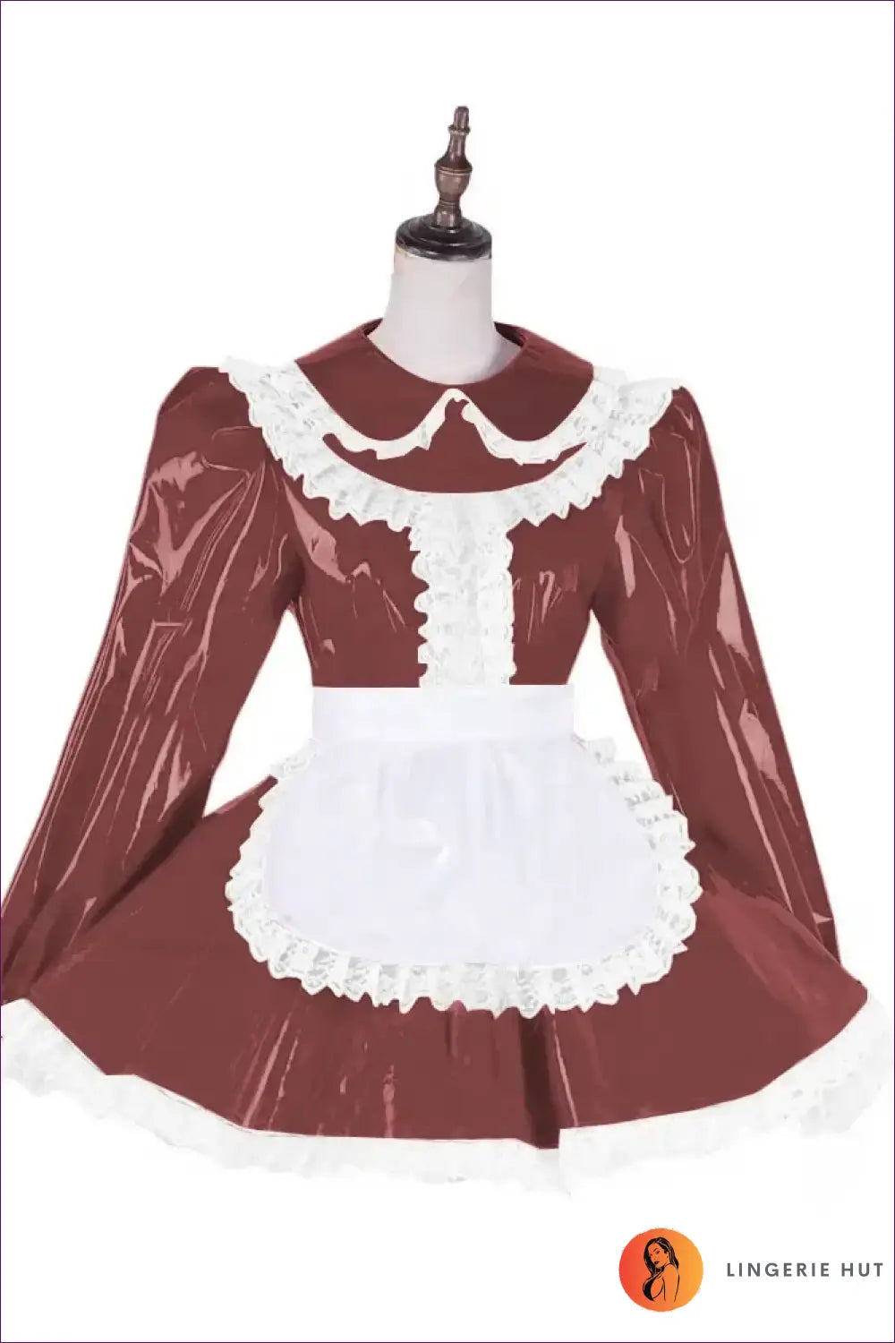 Shiny Pvc French Maid Costume with Lace Ruffle Hem Set - Dark Red / s - Halloween • just in • Lingerie Hut