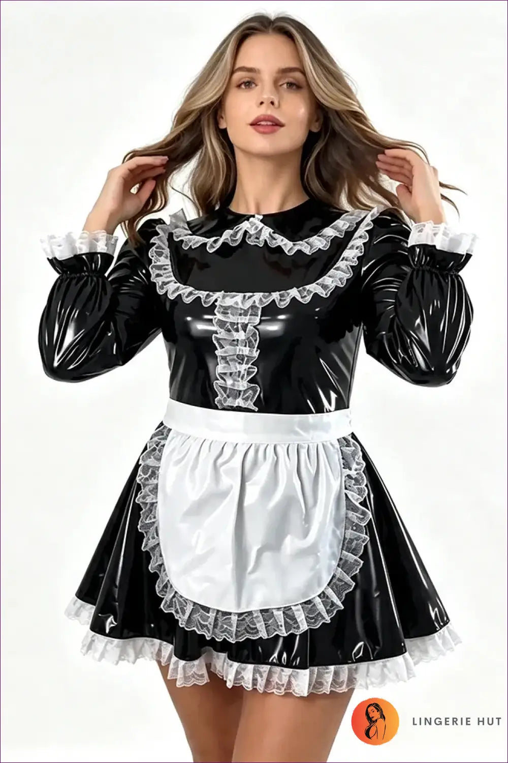 Shiny Pvc French Maid Costume with Lace Ruffle Hem Set - Halloween • just in • Lingerie Hut