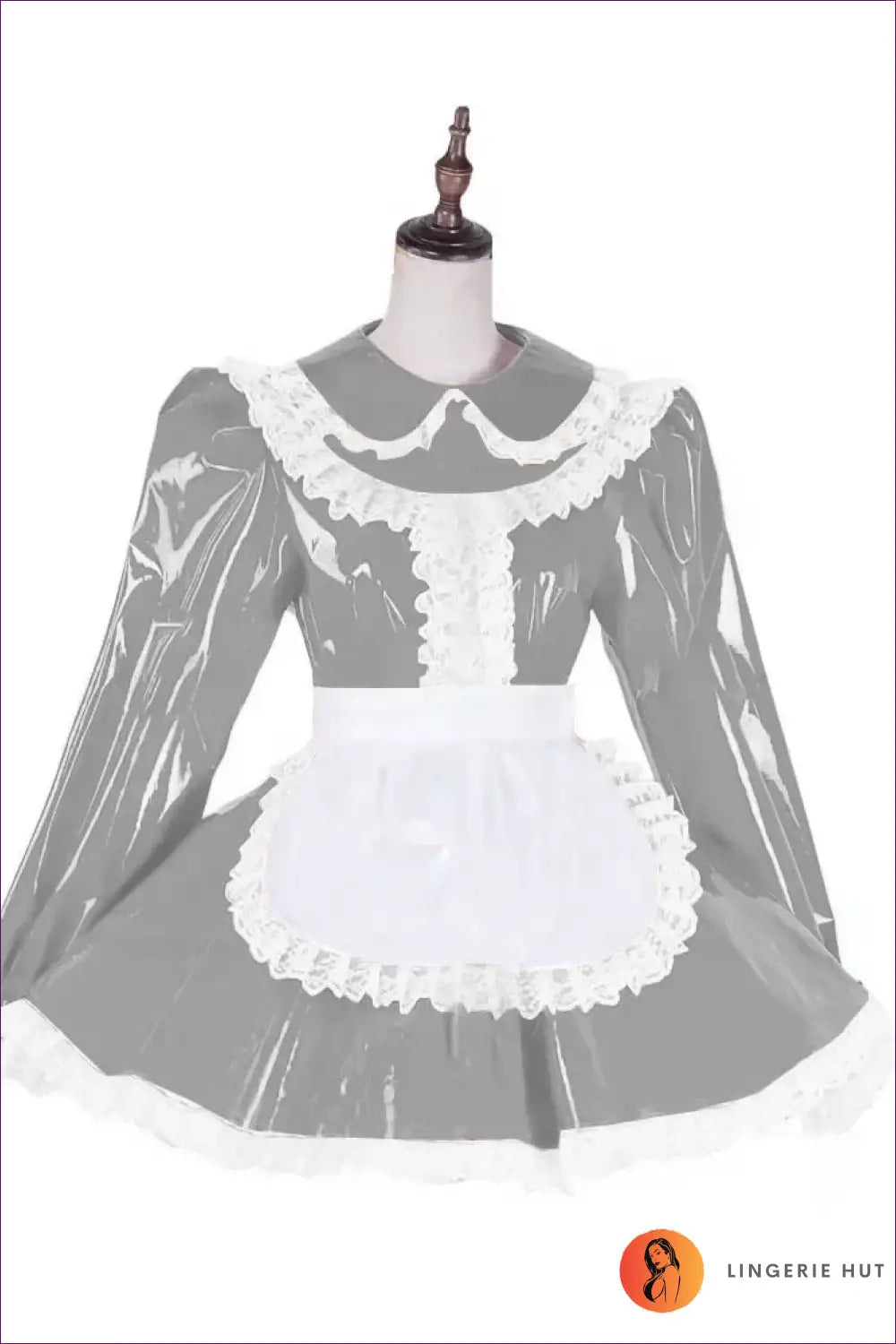 Shiny Pvc French Maid Costume with Lace Ruffle Hem Set - Silver / s - Halloween • just in • Lingerie Hut