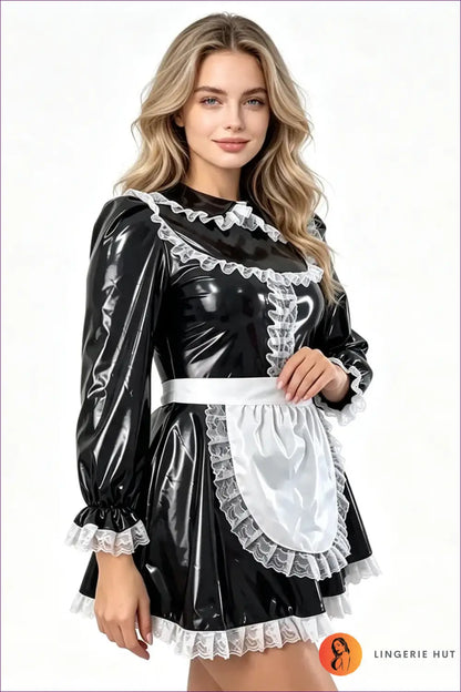 Shiny Pvc French Maid Costume with Lace Ruffle Hem Set - Halloween • just in • Lingerie Hut