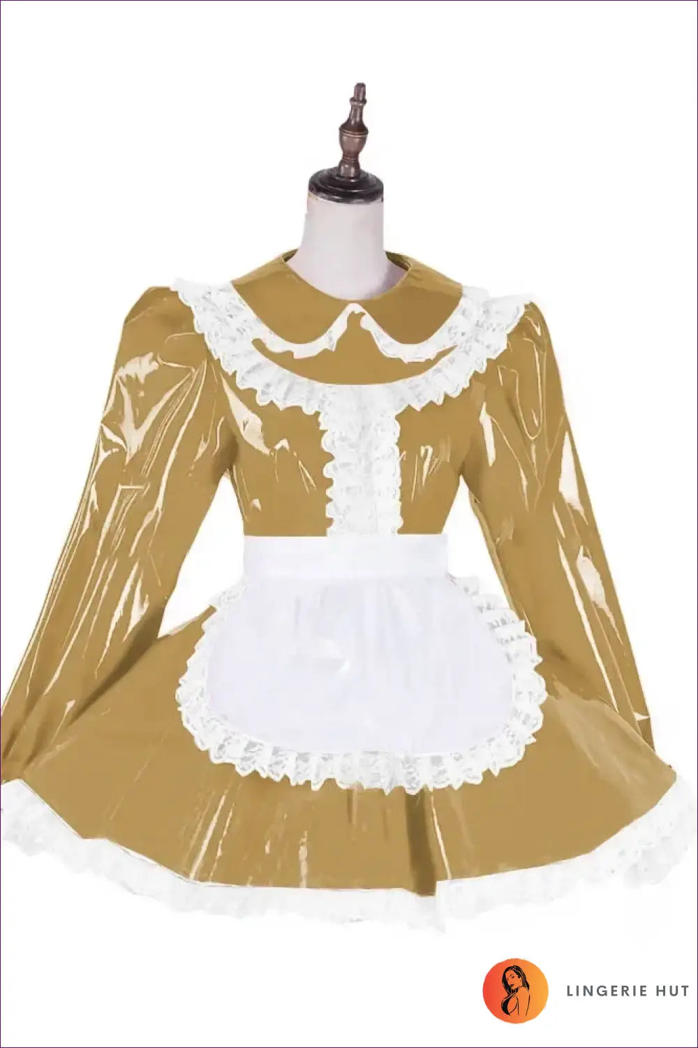 Shiny Pvc French Maid Costume with Lace Ruffle Hem Set - Gold / 6xl - Halloween • just in • Lingerie Hut