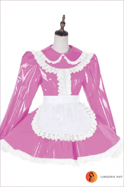 Shiny Pvc French Maid Costume with Lace Ruffle Hem Set - Pink / s - Halloween • just in • Lingerie Hut