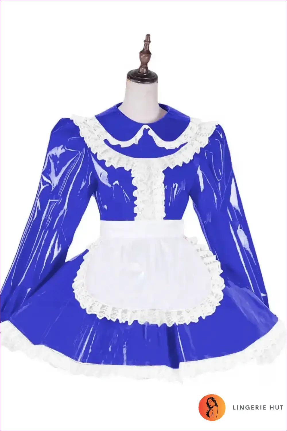 Shiny Pvc French Maid Costume with Lace Ruffle Hem Set - Royal Blue / l - Halloween • just in • Lingerie Hut