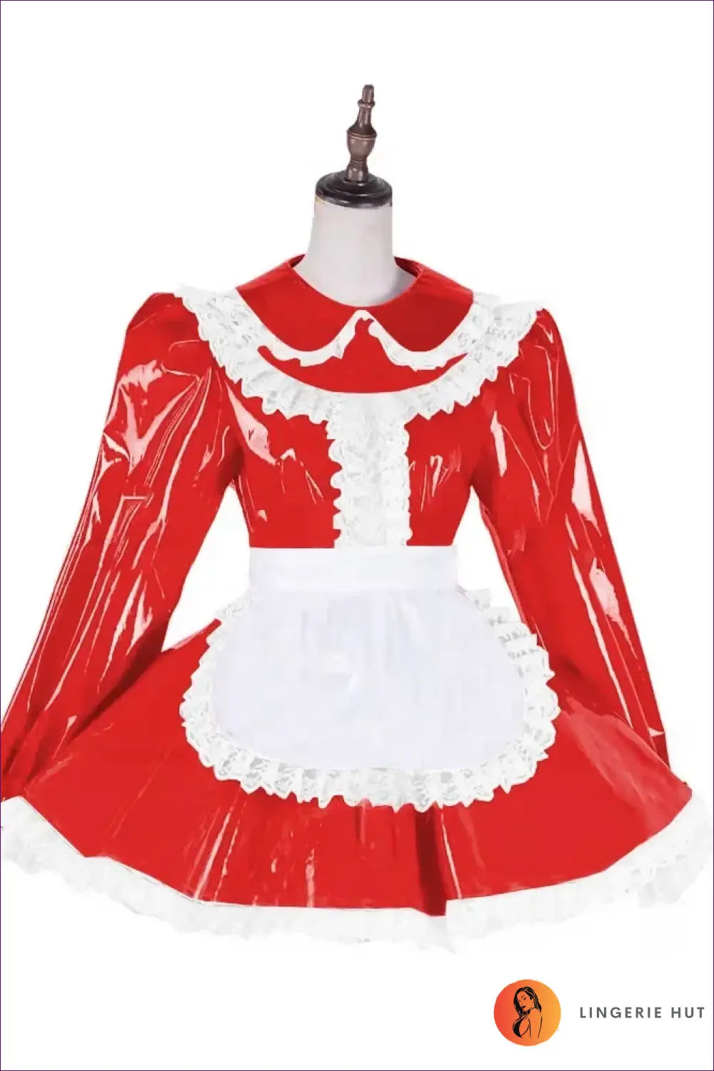Shiny Pvc French Maid Costume with Lace Ruffle Hem Set - Red / s - Halloween • just in • Lingerie Hut
