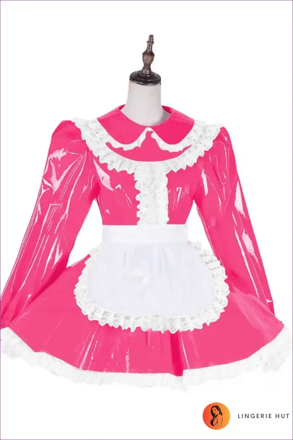 Shiny Pvc French Maid Costume with Lace Ruffle Hem Set - Fluorescent Pink / s - Halloween • just in • Lingerie Hut