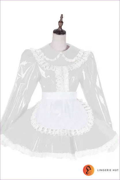 Shiny Pvc French Maid Costume with Lace Ruffle Hem Set - White / s - Halloween • just in • Lingerie Hut