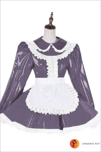 Shiny Pvc French Maid Costume with Lace Ruffle Hem Set - Dark Purple / 4xl - Halloween • just in • Lingerie Hut