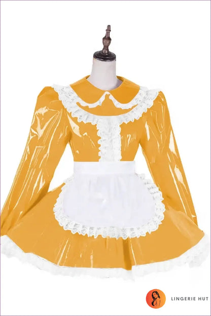 Shiny Pvc French Maid Costume with Lace Ruffle Hem Set - Yellow / s - Halloween • just in • Lingerie Hut