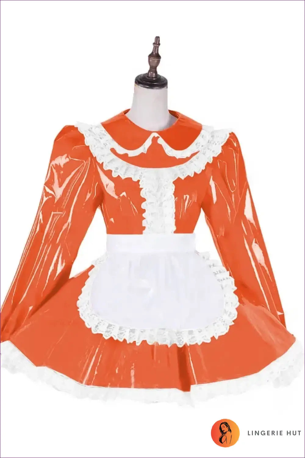 Shiny Pvc French Maid Costume with Lace Ruffle Hem Set - Orange / l - Halloween • just in • Lingerie Hut