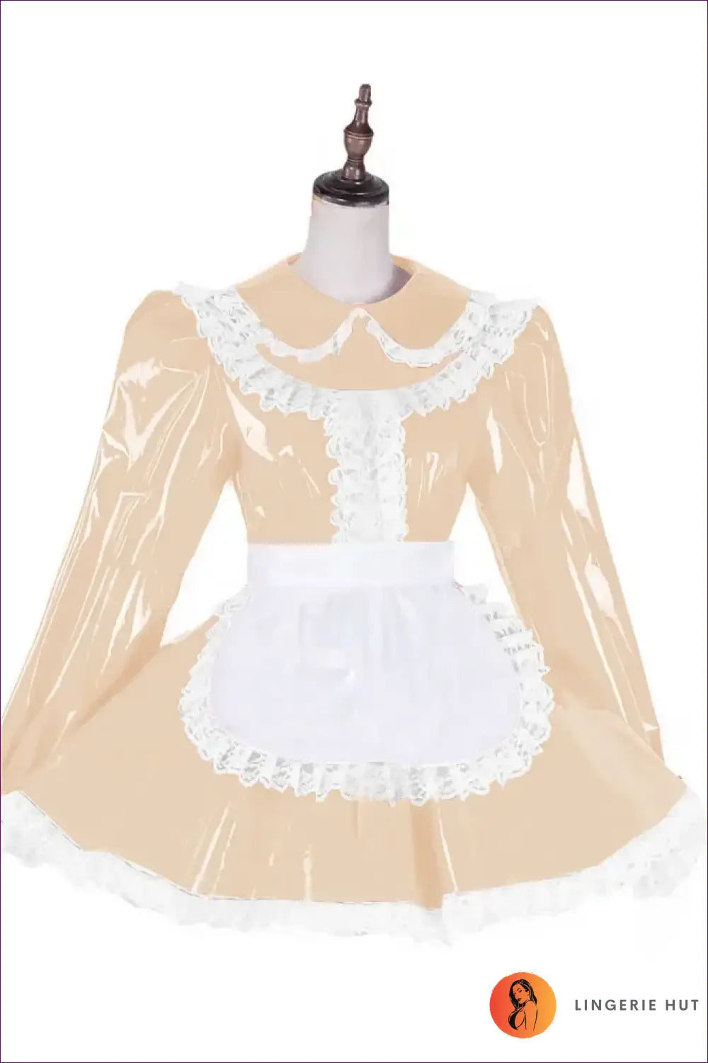 Shiny Pvc French Maid Costume with Lace Ruffle Hem Set - Apricot / s - Halloween • just in • Lingerie Hut