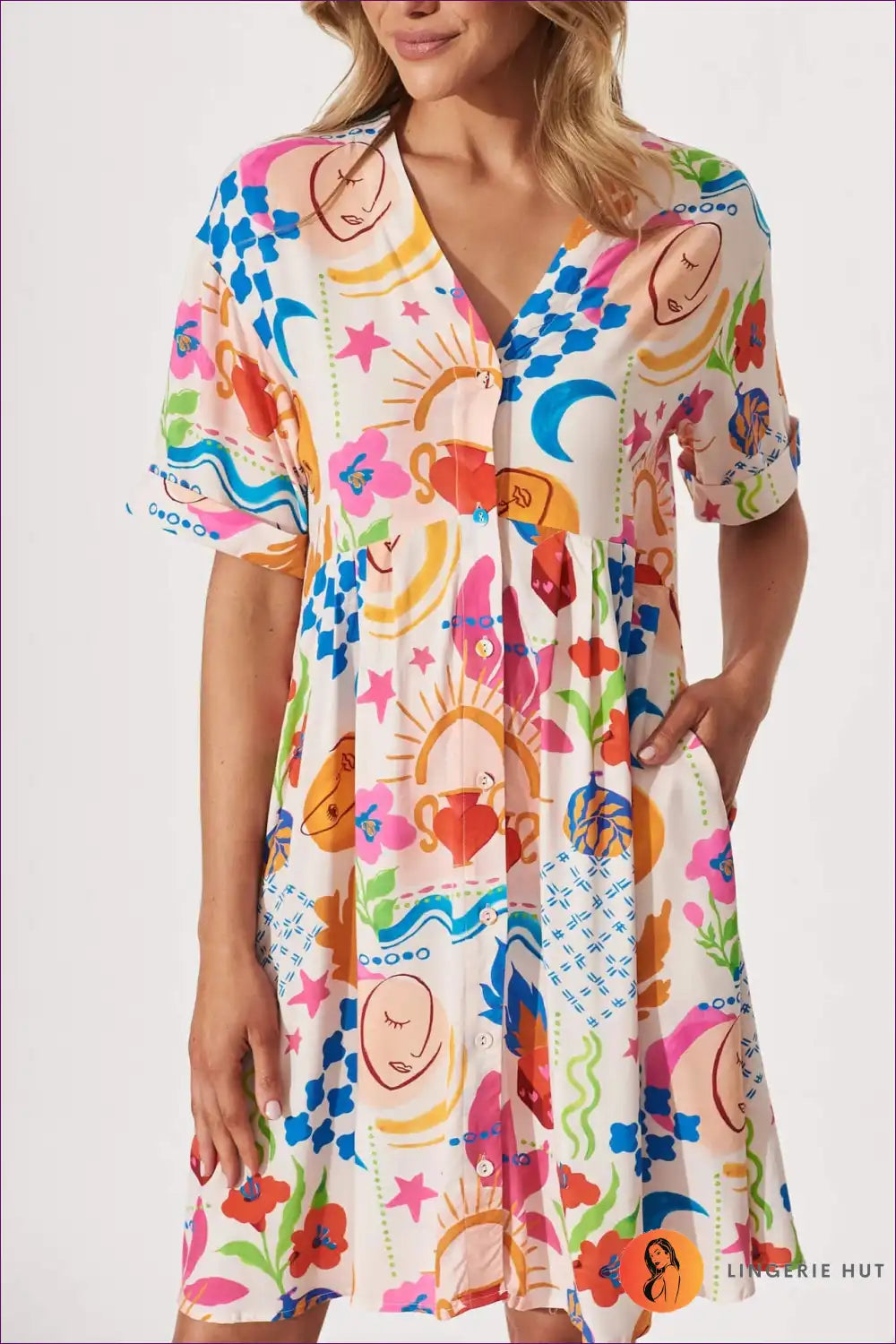 Shirt Dress with Abstract Print - Artistic Expression for A-line, All Season, Boho, Casual, Everyday