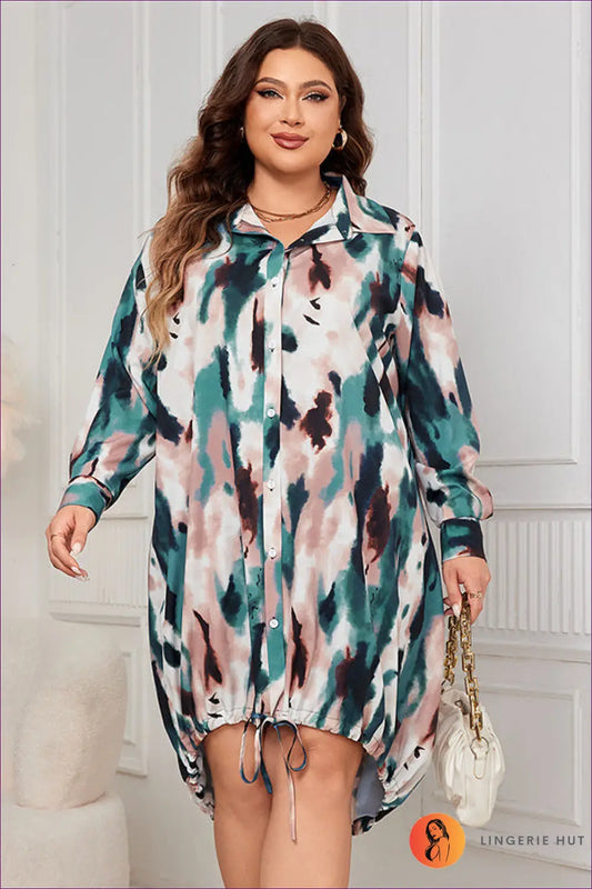 Shirt Dress with Abstract Print - Modern Artistry - Xl / Green - Lingerie Hut - All Season • Casual • Everyday • Formal