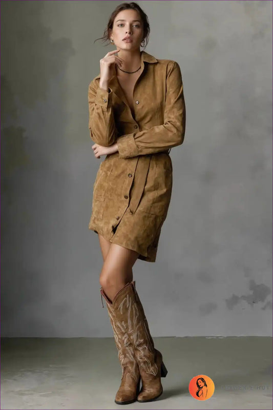 Shirt Dress with Belt Detail - Effortless Sophistication for A-line, All Season, Autumn, Casual,