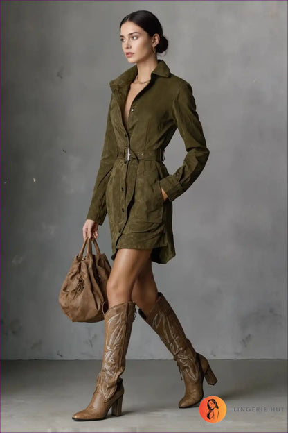 Shirt Dress with Belt Detail - Effortless Sophistication for A-line, All Season, Autumn, Casual,