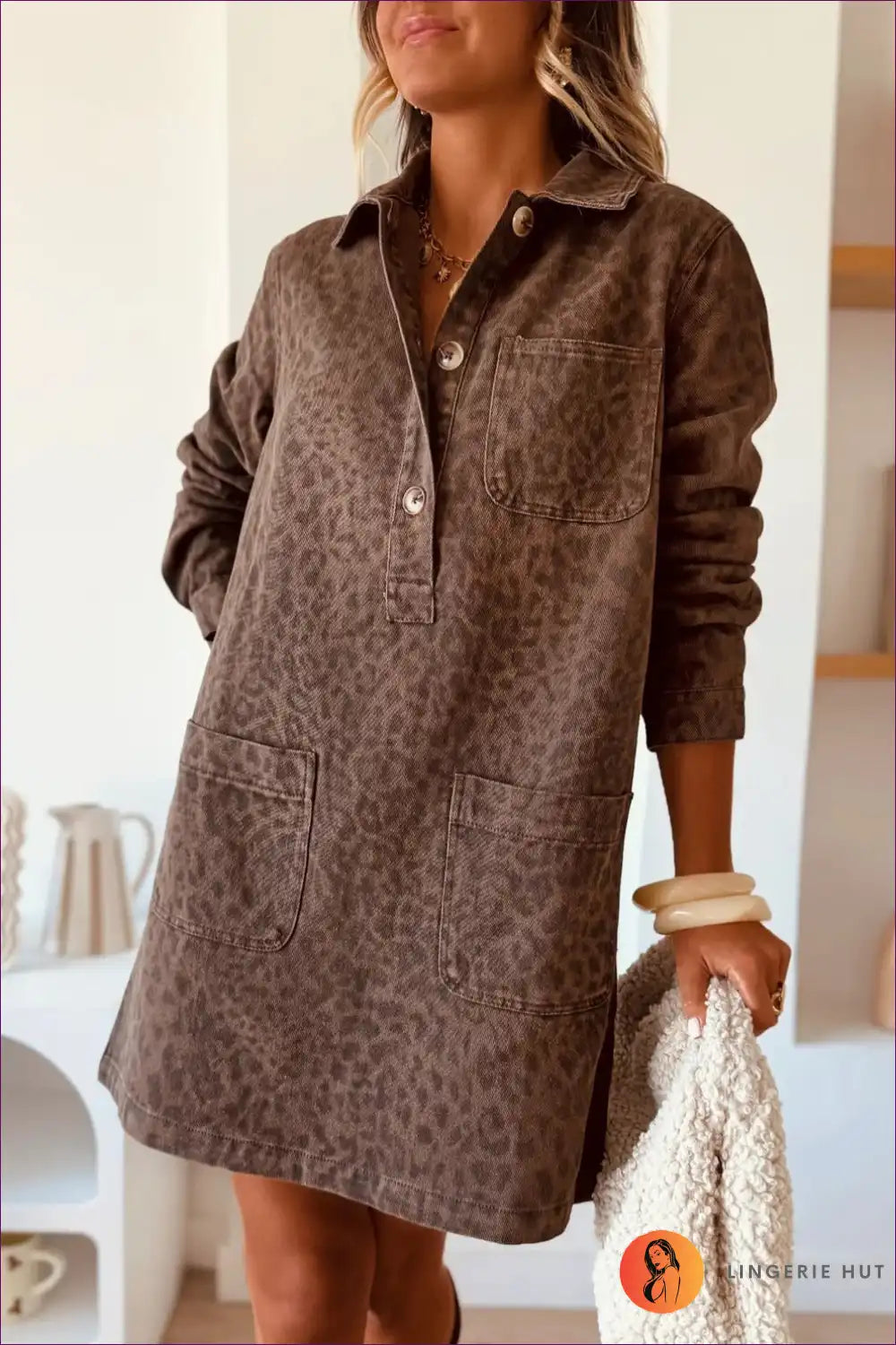 Shirt Dress with Geometric Print - Weekend Wanderer for A-line, All Season, Autumn, Casual,