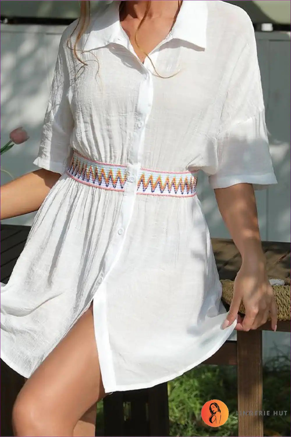 Shirt Dress with Geometric Trim - Vacation Ready for A-line, Casual, Dress, Everyday,
