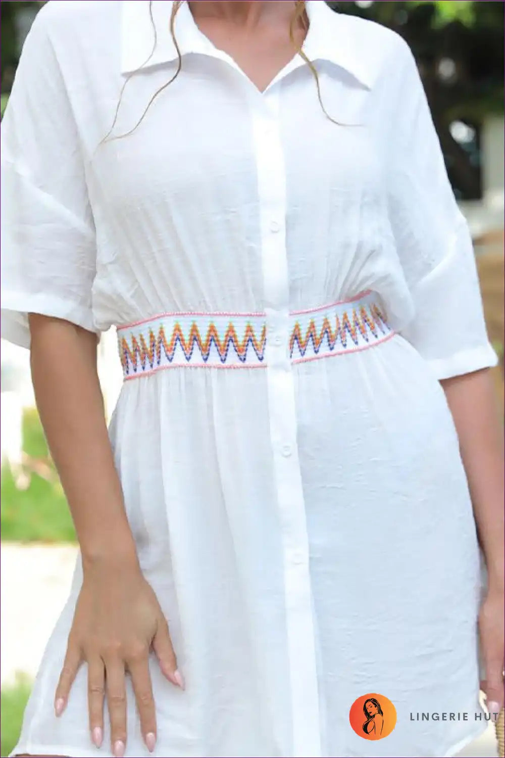 Shirt Dress with Geometric Trim - Vacation Ready for A-line, Casual, Dress, Everyday,