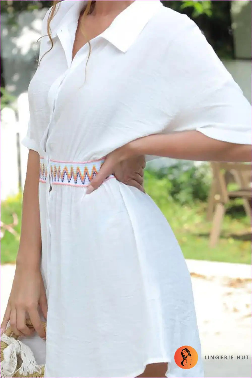 Shirt Dress with Geometric Trim - Vacation Ready for A-line, Casual, Dress, Everyday,