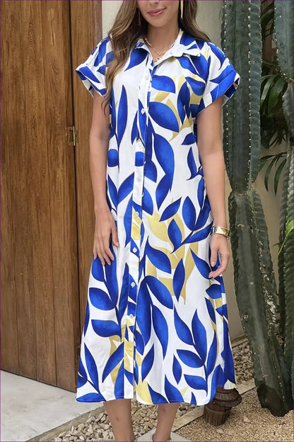 Shirt Dress with Leaf Print - Laid-back Summer Ease for A-line, Casual, Dress, Everyday, Floral