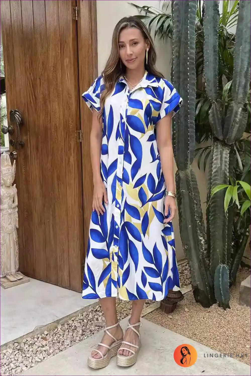 Shirt Dress with Leaf Print - Laid-back Summer Ease for A-line, Casual, Dress, Everyday, Floral