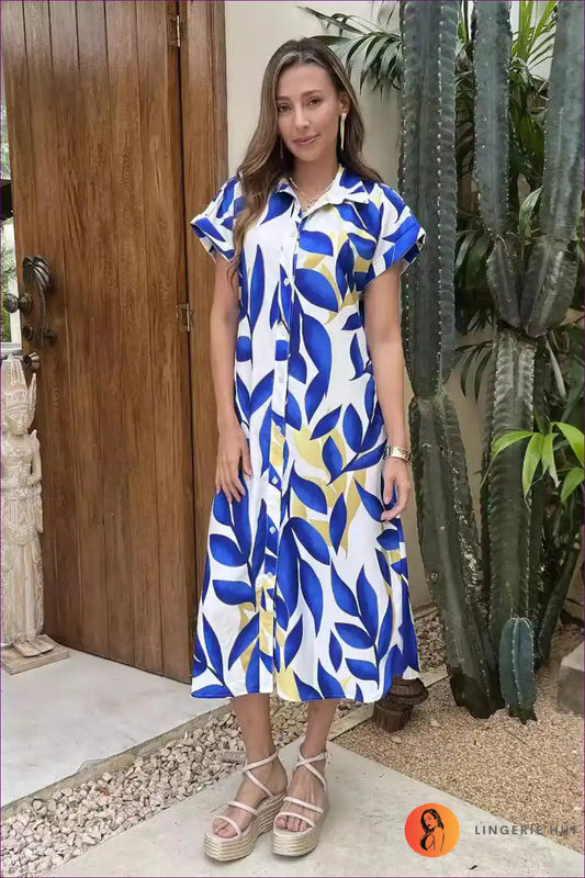 Shirt Dress with Leaf Print - Laid-back Summer Ease for A-line, Casual, Dress, Everyday, Floral