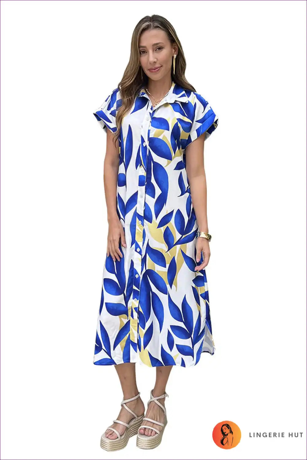 Shirt Dress with Leaf Print - Laid-back Summer Ease for A-line, Casual, Dress, Everyday, Floral