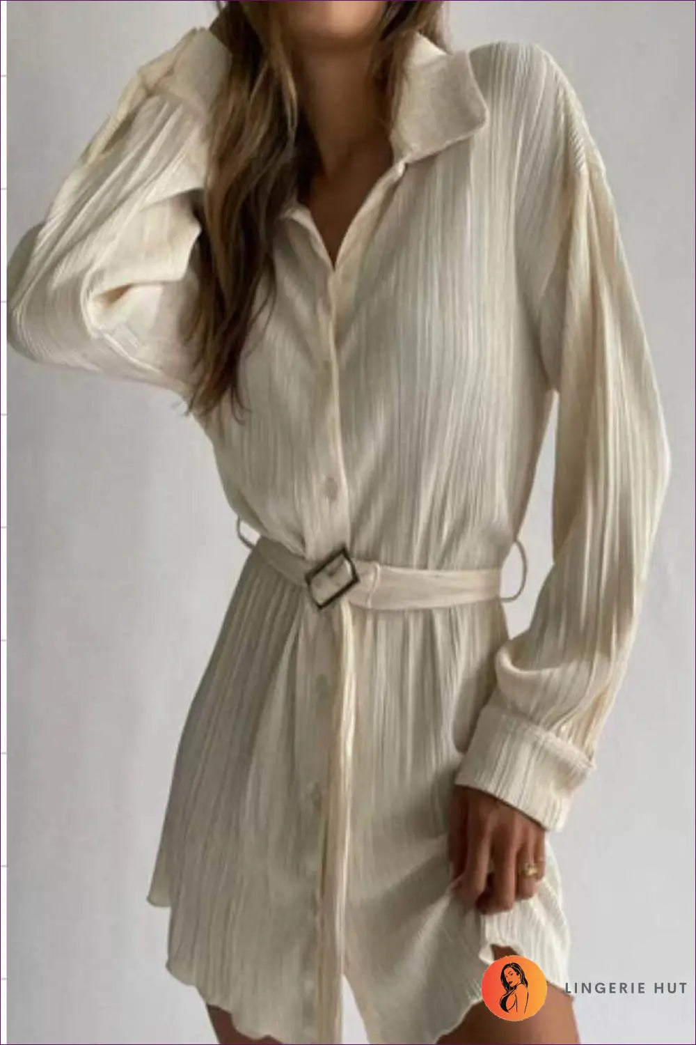 Shirt Dress with Pleated Belted Design - Effortless Sophistication - s / Ivory - Belted • Casual • Clothing • Everyday