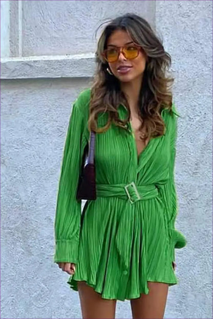 Shirt Dress with Pleated Belted Design - Effortless Sophistication - s / Green - Belted • Casual • Clothing • Everyday
