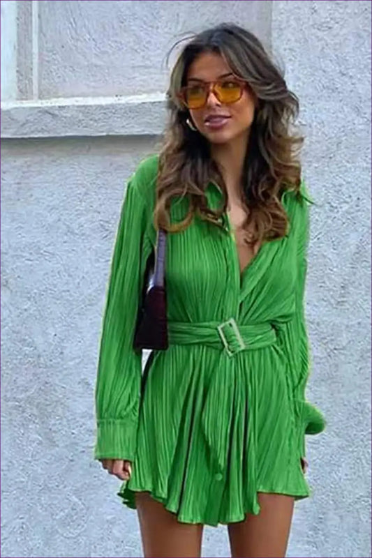 Shirt Dress with Pleated Belted Design - Effortless Sophistication - s / Green - Dresses - Lingerie Hut - All Season