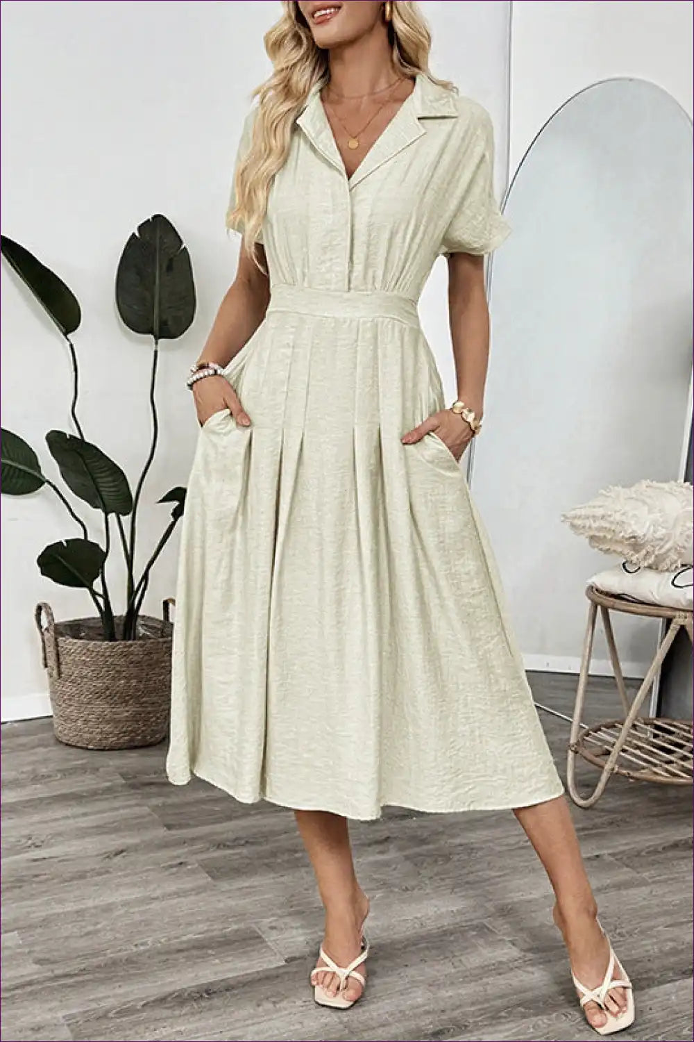 Shirt Dress with Pockets and Pleats - Effortless Everyday Ease for A-line, All Season, Casual, Dress,