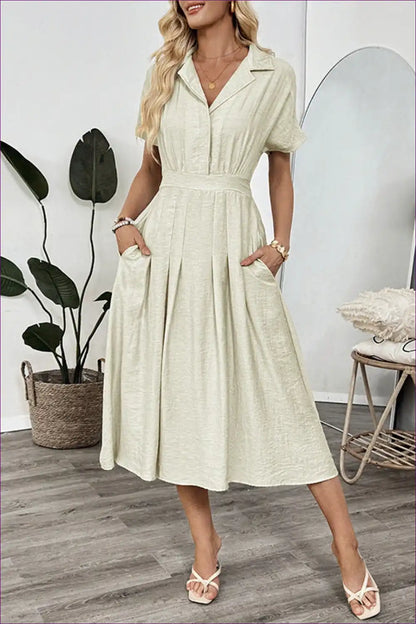 Shirt Dress with Pockets and Pleats - Effortless Everyday Ease for A-line, All Season, Casual, Dress,