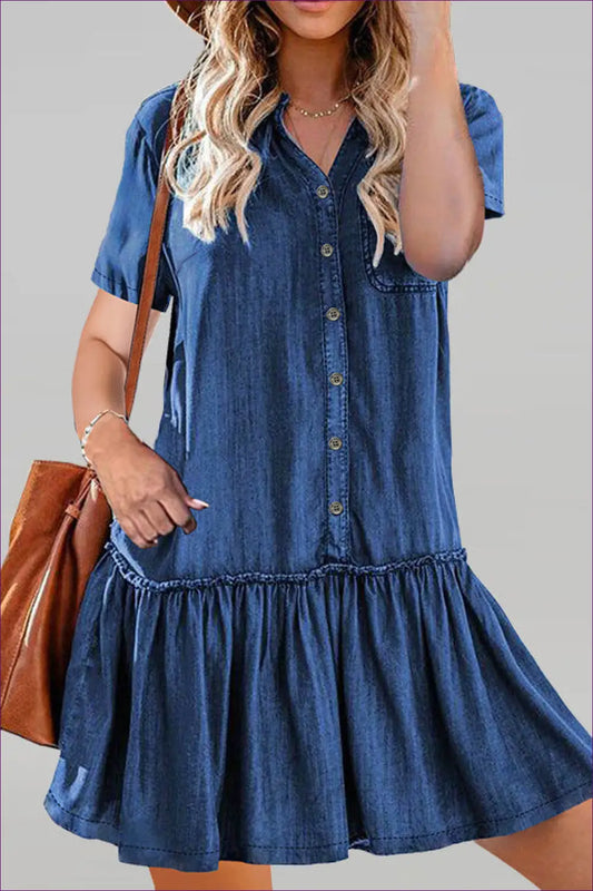 Plus Size Denim Shirt Dress with Ruffle Hem - Effortless Everyday Style - Lingerie Hut - A-line • All Season • Casual