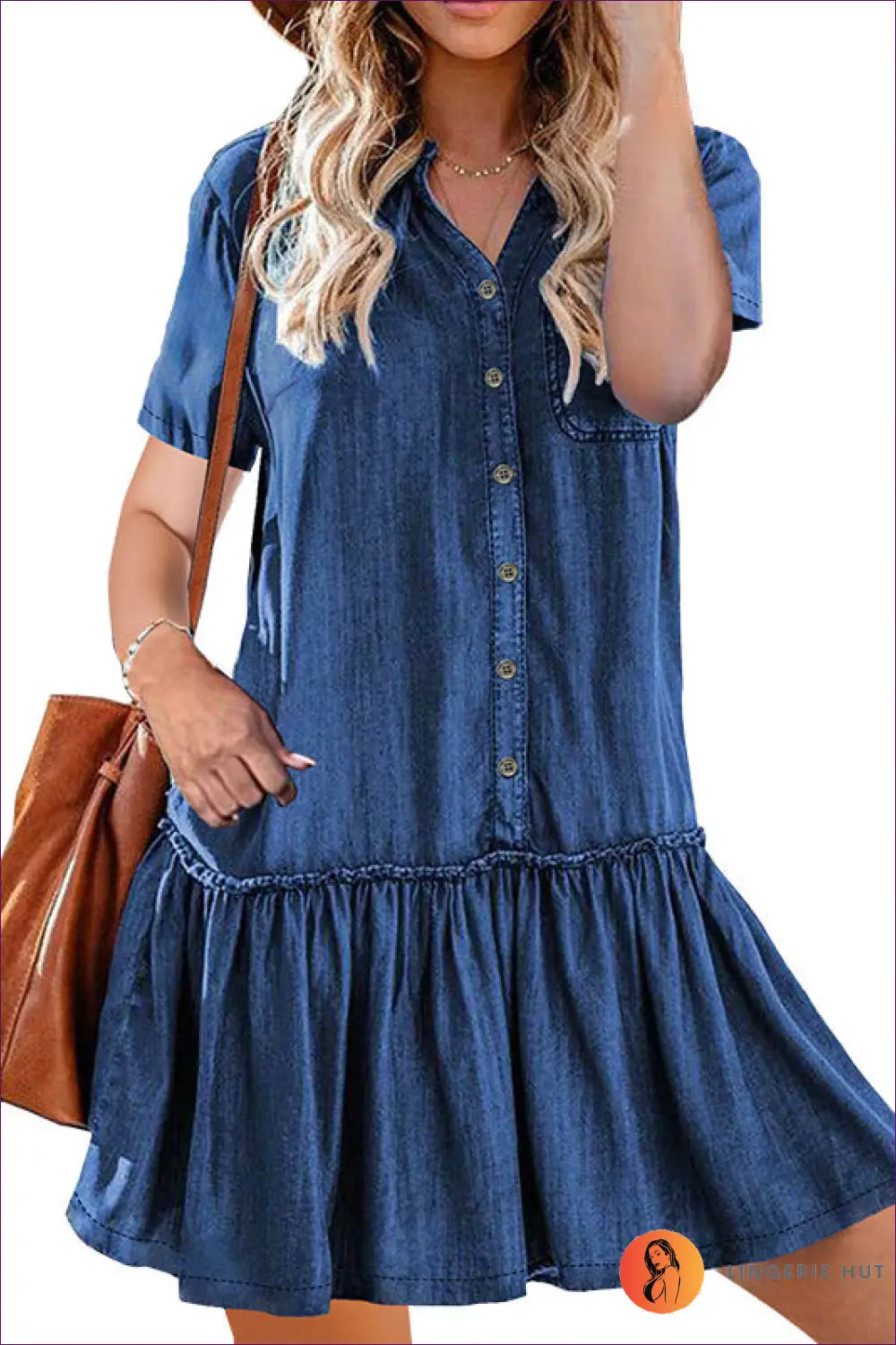 Plus Size Denim Shirt Dress with Ruffle Hem - Effortless Everyday Style - 2xl / Navy Blue - Lingerie Hut - A-line • All