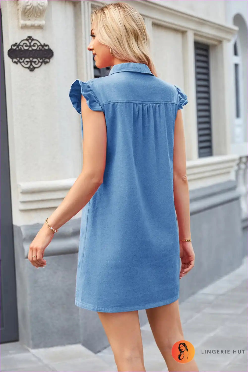 Shirt Dress with Ruffle Sleeves - Weekend Wandering for A-line, All Season, Casual, Cotton,