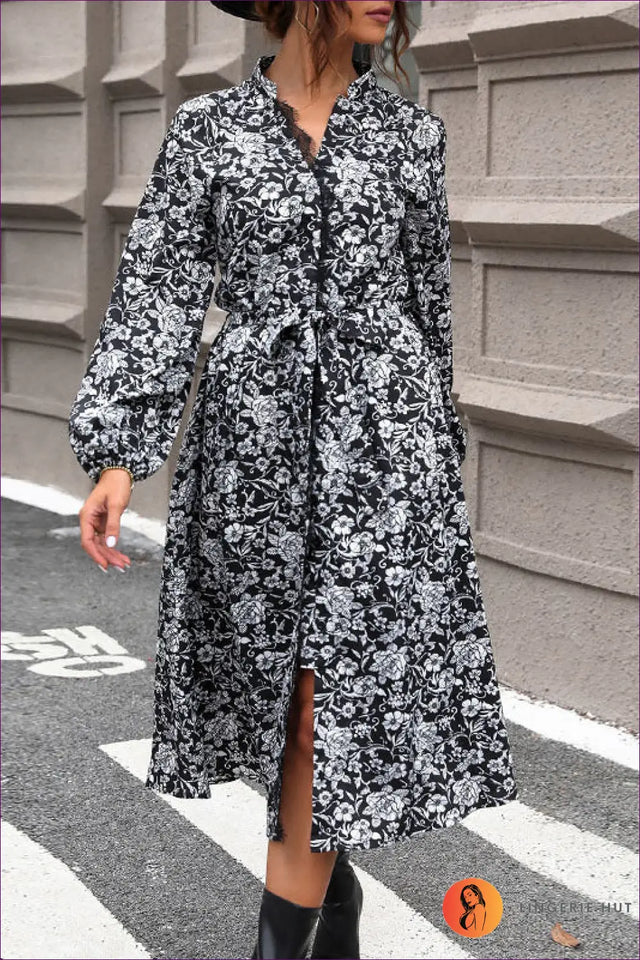 Shirt Dress with Stand Collar and Lace Patchwork - Effortless City Style