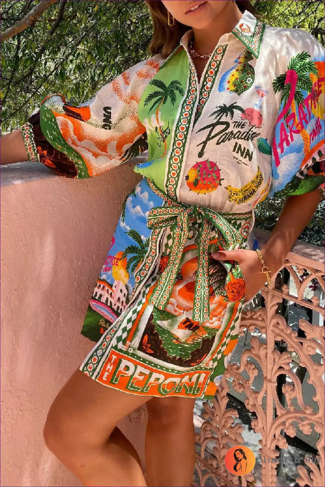 Tropical Print Shirt Dress Midi - Effortless Vacation Mood