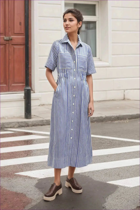 Shirt Dress with Vertical Stripes - Effortless Sophistication - Casual • Clothing • Everyday • Polyester - Lingerie Hut