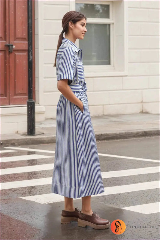 Shirt Dress with Vertical Stripes - Effortless Sophistication - Casual • Clothing • Everyday • Polyester - Lingerie Hut