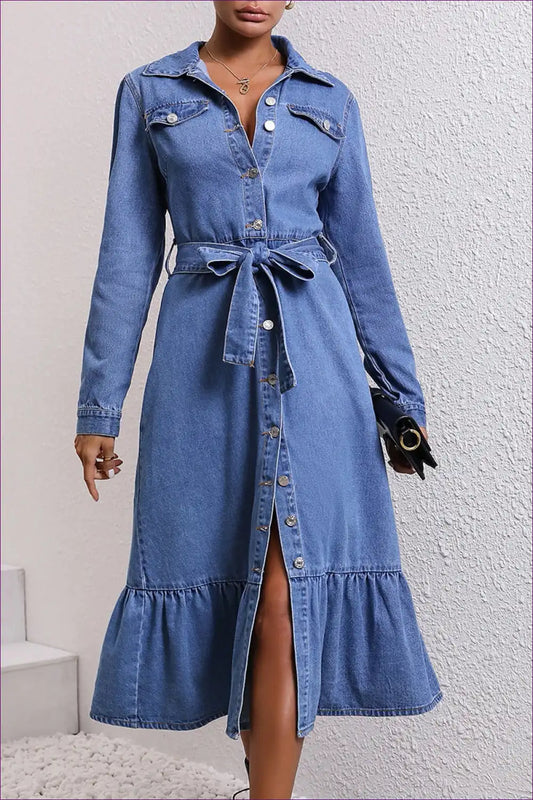 Shirt Dress with Waist Tie - Modern Everyday Authority for A-line, All Season, Autumn, Casual,