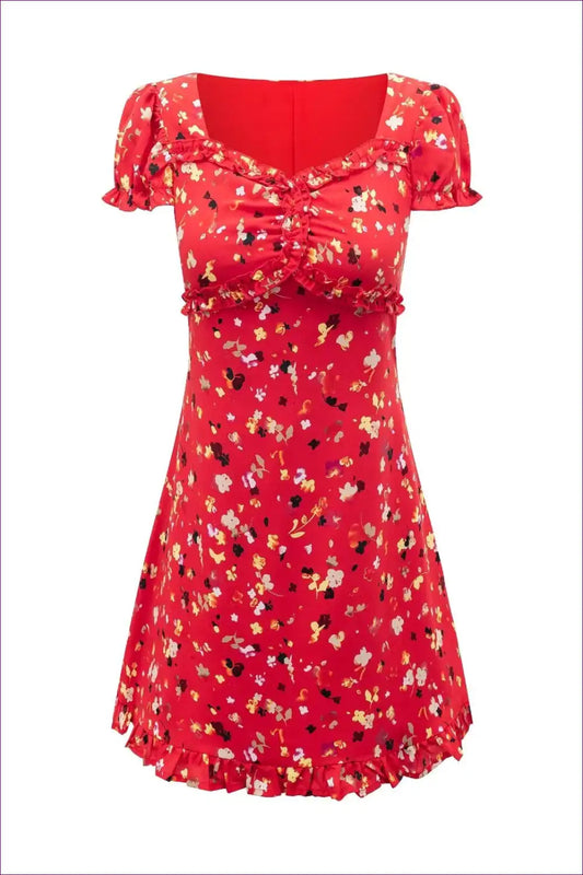 Short Dress with V-neck and Puff Sleeves - Playful Day Charm for A-line, Casual, Cutout, Dress, Everyday