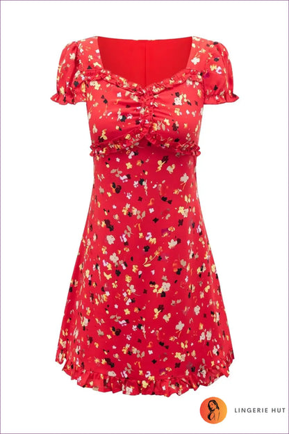 Mini Floral Dress with Puff Sleeves - Effortless Everyday Energy - s / Flowers on Red Background - Dresses - Lingerie