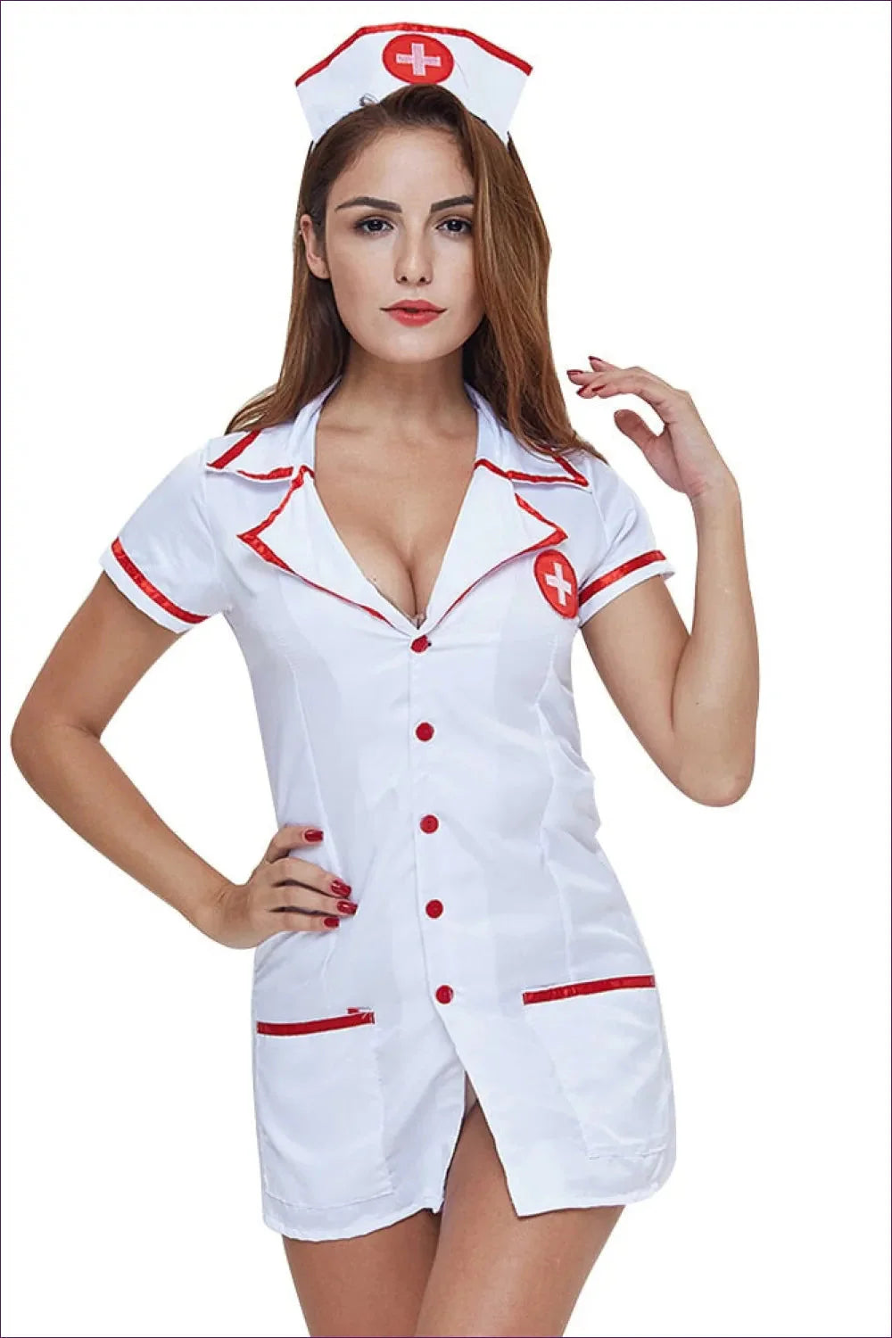 Embrace Classic Comfort With This Short Sleeve Button-up Nurse Uniform. Complete Dress, Headpiece, And Briefs.