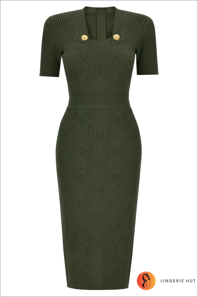 Short Sleeve Knit Midi Dress with Gold Button Detail - Effortless Elegance