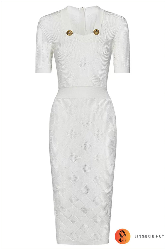Short Sleeve Knit Midi Dress with Gold Button Detail - Effortless Elegance