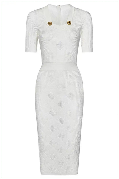 Short Sleeve Knit Midi Dress with Gold Button Detail - Effortless Elegance for All Season, Casual, Everyday,