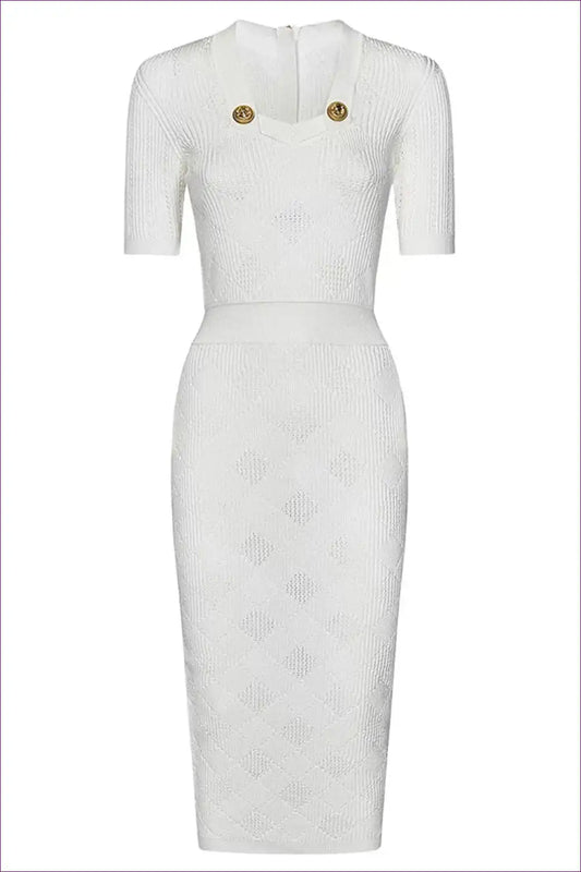 Short Sleeve Knit Midi Dress with Gold Button Detail - Effortless Elegance for All Season, Casual, Everyday,