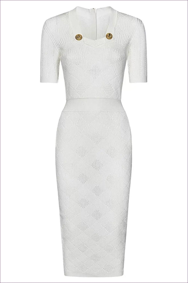 Short Sleeve Knit Midi Dress with Gold Button Detail - Effortless Elegance