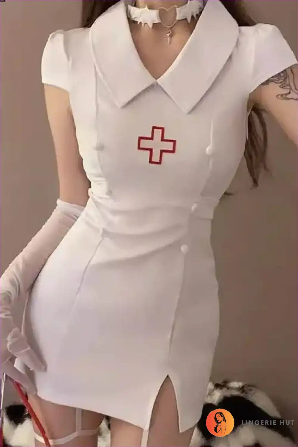 Short Sleeve Nurse Uniform Costume with Polo Collar - Classic Cosplay for All Season, Boudoir, Clubwear,